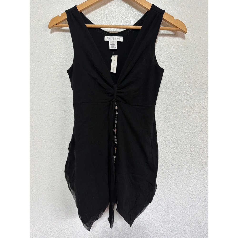 White House Black Market Black Beaded Mesh Handkerchief Hem Tunic Top Size M NEW